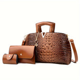 Sophisticated Croc-Embossed Faux Leather Bag Set: Elegant Tote, Chic Clutch Wallet & Secure Card Case with Zipper Closure