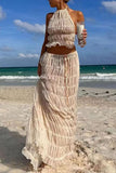 Hoombox Open Back Halterneck Ruched Lace Trimmed Tank Top Maxi Skirt Set