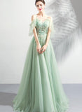 Hoombox Light Green Lace Flowers V-neckline Straps Long Tulle Prom Dress, A-line Evening Dress Party Dress