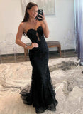 Hoombox Black Lace Mermaid Sweetheart Long Party Dress, Black Lace Prom Dress