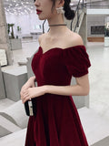 Hoombox Wine Red Short Velvet Evening Dresses, Off Shoulder Prom Dresses Bridesmaid Dress