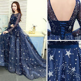 Hoombox Navy Blue Tulle Puffy Sleeves Long A-line Prom Dress, Navy Blue Formal Dress