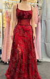 Hoombox Wine Red Lace Scoop Straps A-line Prom Dress, Wine Red Evening Dress