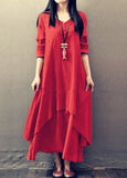 Spring and Autumn New Fake Two-Piece Long Skirt Literary Expansion Linen Dress Loose Long Sleeve Cotton and Linen Skirt