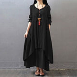 Spring and Autumn New Fake Two-Piece Long Skirt Literary Expansion Linen Dress Loose Long Sleeve Cotton and Linen Skirt