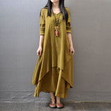 Spring and Autumn New Fake Two-Piece Long Skirt Literary Expansion Linen Dress Loose Long Sleeve Cotton and Linen Skirt