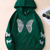 Butterfly Print Sweatshirt, Y2K Long Sleeve Crew Neck Zip Up Hoodies Sweatshirts, Casual Tops For Spring & Fall, Women's Clothing