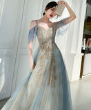 Hoombox Charming Lace Light Blue V-neckline Long Prom Dress, A-line Formal Dress Evening Dress