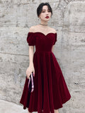 Hoombox Wine Red Short Velvet Evening Dresses, Off Shoulder Prom Dresses Bridesmaid Dress