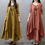 Spring and Autumn New Fake Two-Piece Long Skirt Literary Expansion Linen Dress Loose Long Sleeve Cotton and Linen Skirt