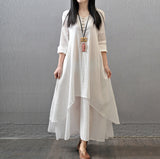 Spring and Autumn New Fake Two-Piece Long Skirt Literary Expansion Linen Dress Loose Long Sleeve Cotton and Linen Skirt