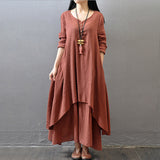 Spring and Autumn New Fake Two-Piece Long Skirt Literary Expansion Linen Dress Loose Long Sleeve Cotton and Linen Skirt