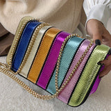 Striped Square Shoulder Bag with PU Leather Patchwork - Magnetic Closure, Fixed Chain Strap, Unlined Interior - Perfect for Shopping and Dating