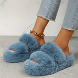 Double Band Fluffy Plush Home Slippers, Solid Color Open Toe Fuzzy Furry Shoes, Winter Cozy & Warm Slippers