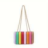 Striped Square Shoulder Bag with PU Leather Patchwork - Magnetic Closure, Fixed Chain Strap, Unlined Interior - Perfect for Shopping and Dating