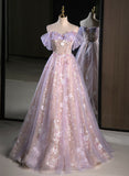 Hoombox Lovely Light Purple Floral Tulle Off Shoulder Party Dress, Light Purple Tulle Prom Dress