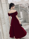 Hoombox Wine Red Short Velvet Evening Dresses, Off Shoulder Prom Dresses Bridesmaid Dress