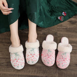 Veowalk Winter Women Faux Fur Fuzzy Flat Slippers Chinese Embroidered Soft Warm Comfy Non-Slippery Home Slide Shoes Pink White