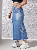 Star Raw Seam Denim Midi Skirt, Raw Hem Slant Pockets Casual Denim Skirt, Women's Denim Clothing