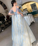 Hoombox Charming Lace Light Blue V-neckline Long Prom Dress, A-line Formal Dress Evening Dress