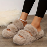 Double Band Fluffy Plush Home Slippers, Solid Color Open Toe Fuzzy Furry Shoes, Winter Cozy & Warm Slippers