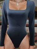 Square Neck Solid Bodysuit, Sexy Long Sleeve One Piece Bodysuit, Women's Clothing