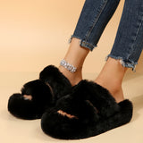 Double Band Fluffy Plush Home Slippers, Solid Color Open Toe Fuzzy Furry Shoes, Winter Cozy & Warm Slippers