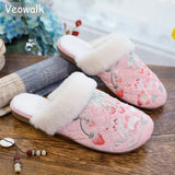 Veowalk Winter Women Faux Fur Fuzzy Flat Slippers Chinese Embroidered Soft Warm Comfy Non-Slippery Home Slide Shoes Pink White