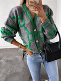 High Contrast Knit Cardigan, V-Neck Button Up Cardigan Sweater, Casual Tops For Fall & Winter, Women's Clothing