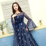 Hoombox Navy Blue Tulle Puffy Sleeves Long A-line Prom Dress, Navy Blue Formal Dress