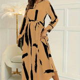 Brush Print Keyhole Dress, Elegant Long Sleeve Maxi Dress, Women's Clothing