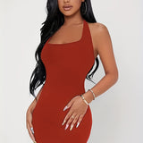 hoombox  Solid Square Halter Neck Dress, Sexy Backless Bodycon Halter Dress For Summer, Women's Clothing