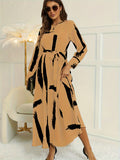 Brush Print Keyhole Dress, Elegant Long Sleeve Maxi Dress, Women's Clothing