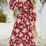 Floral Print Lantern Sleeve Dress, Boho V Neck Maxi Dress, Women's Clothing