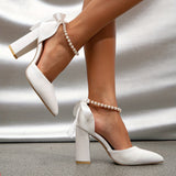 Elegant Pointed Toe Block Heels - Breathable Pearl-Strapped Mary-Janes for Wedding & Evening, All-Season Chic