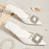 Chic All-Season Pointed-Toe Slingback Heels with Crystal Accents – Comfortable Faux Leather Sandals with Elastic Strap