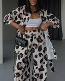 Hoombox Leopard Print Long Sleeve Shirt Wide Leg Pants Two-Piece Set