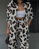 Hoombox Leopard Print Long Sleeve Shirt Wide Leg Pants Two-Piece Set