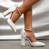 Elegant Pointed Toe Block Heels - Breathable Pearl-Strapped Mary-Janes for Wedding & Evening, All-Season Chic