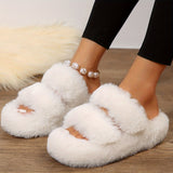 Double Band Fluffy Plush Home Slippers, Solid Color Open Toe Fuzzy Furry Shoes, Winter Cozy & Warm Slippers