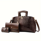 Sophisticated Croc-Embossed Faux Leather Bag Set: Elegant Tote, Chic Clutch Wallet & Secure Card Case with Zipper Closure