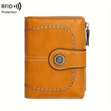 1 PC Retro Large Capacity PU Leather Solid Color RFID Blocking Anti-Theft Multi-Functional Zipper Wallet for Women - With Passport and Credit Card Holder, Fade Resistant, Stain Resistant, and Hollow Lining - Perfect for Daily Commute and Travel