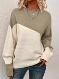 Color Block Crew Neck Pullover Sweater, Casual Long Sleeve Drop Shoulder Sweater, Women's Clothing