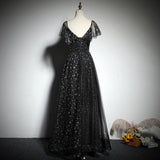 Hoombox Black V-neckline Cap Sleeves Floor Length Party Dress, Black A-line Evening Dress Formal Dresses