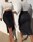 Hoombox Stitch H-line Skinny PU Leather Skirt Solid Slit Slim Mid-length Hip-wrap Skirt High-waist Lace-up Side Button Pencil Skirt17094