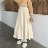 Hoombox Winter Thickened Rib Knitted Large Swing Maxi Long Skirts Elegant Solid A-line Pleated Ankle Length Knit Skirts Coffree Beige