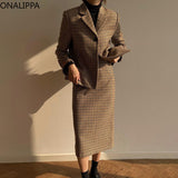 Hoombox French Vintage Temperament Sets Female  Lapel Houndstooth Loose Suit Woolen Jacket High Waist Straight Split Skirt