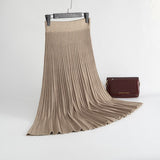 Hoombox Winter Thickened Rib Knitted Large Swing Maxi Long Skirts Elegant Solid A-line Pleated Ankle Length Knit Skirts Coffree Beige