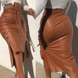 Hoombox Stitch H-line Skinny PU Leather Skirt Solid Slit Slim Mid-length Hip-wrap Skirt High-waist Lace-up Side Button Pencil Skirt17094