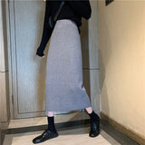 Hoombox Autumn and Winter  Korean Long Back Slit Skirt Hip Skirts All-match High Waist Slimming Black Knitted Skirt Women Plus Size